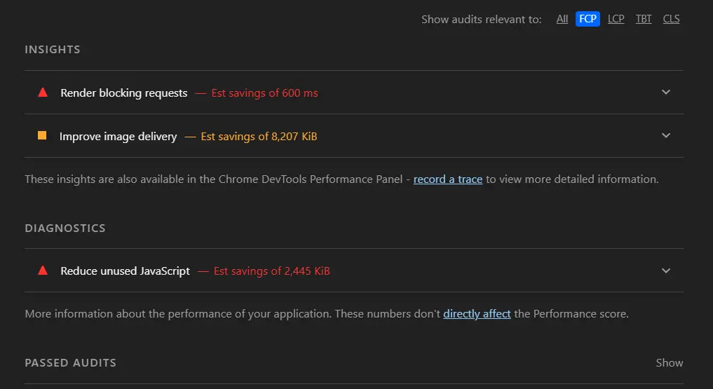 FCP Issues highlighted by Lighthouse